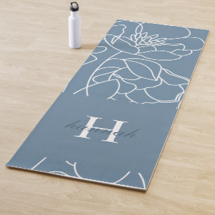 Blue Wildflower Line Art Custom Monogram Name Yoga Mat