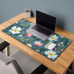Blue Wildflower Meadow Cottagecore Floral Pattern Desk Mat
