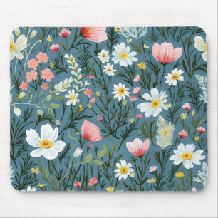 Blue Wildflower Meadow Cottagecore Floral Pattern Mouse Pad