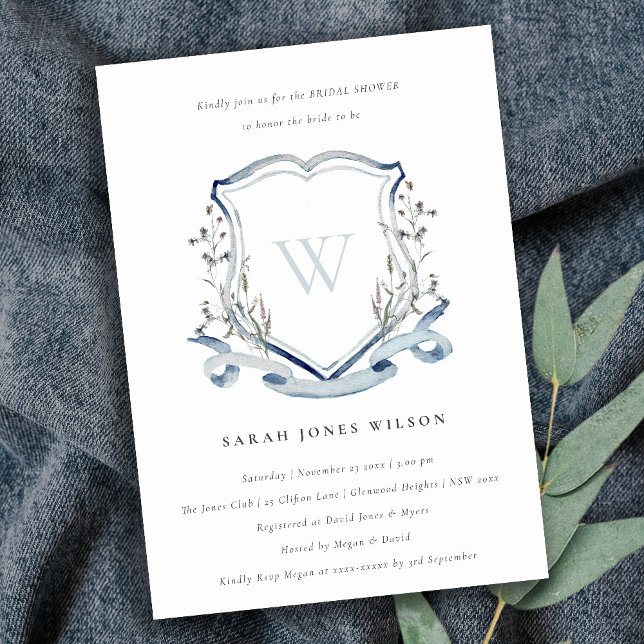 Blue Wildflower Monogram Crest Bridal Shower Invitation (Creator Uploaded)