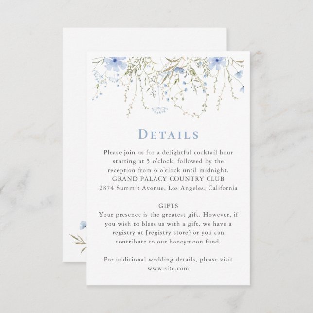 Blue Wildflower Periwinkle Wedding Details  Enclosure Card (Front/Back)