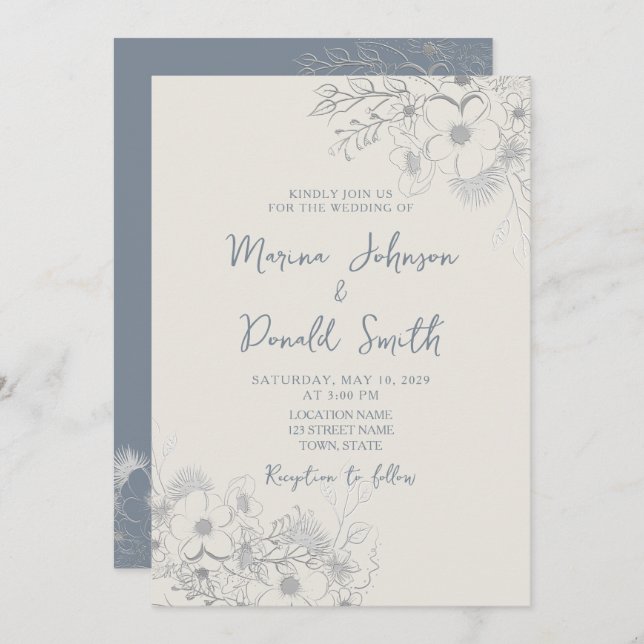Blue Wildflower Periwinkle Wedding Invitation (Front/Back)