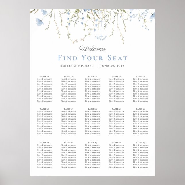 Blue Wildflower Periwinkle Wedding Seating Chart (Front)