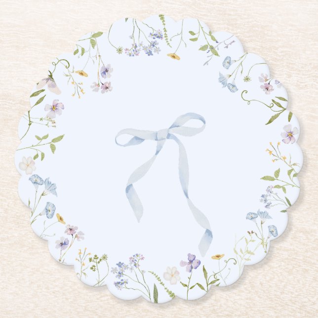 Blue Wildflower ribbon Bow baby shower Paper Coaster (Front)