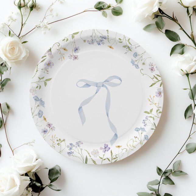 Blue Wildflower ribbon Bow baby shower Paper Plate (Creator Uploaded)