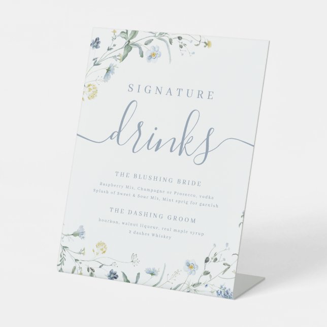 Blue Wildflower rustic Wedding Signature Drinks Pedestal Sign (Front)