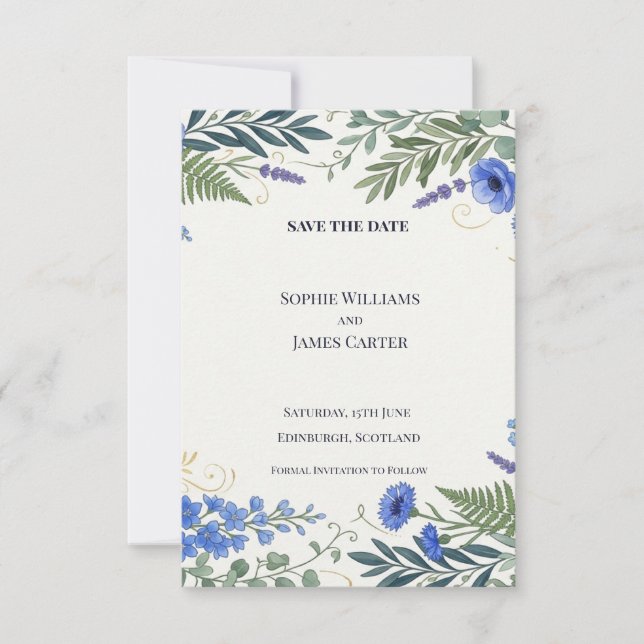 Blue Wildflower Save The Date Card (Front)