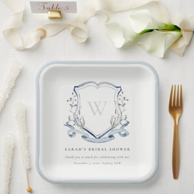 Blue Wildflower Watercolor Crest Bridal Shower Paper Plate (Wedding)