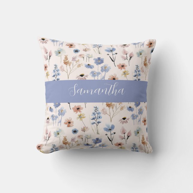 Blue Wildflower Watercolor Custom Name Cushion (Front)