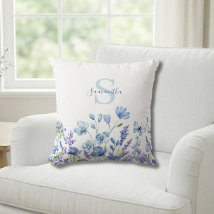 Blue Wildflower Watercolor Monogram Name  Cushion