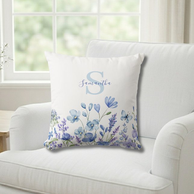  Blue Wildflower Watercolor Monogram Name  Cushion (Creator Uploaded)
