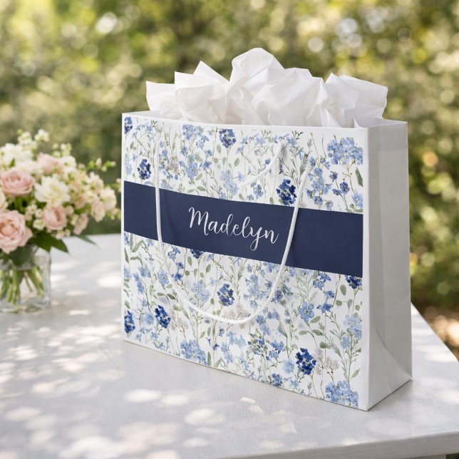 Blue Wildflower Watercolor Monogram Name Large Gift Bag (Creator Uploaded)
