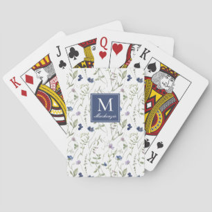 Blue Wildflower Watercolor Monogram Name Playing Cards