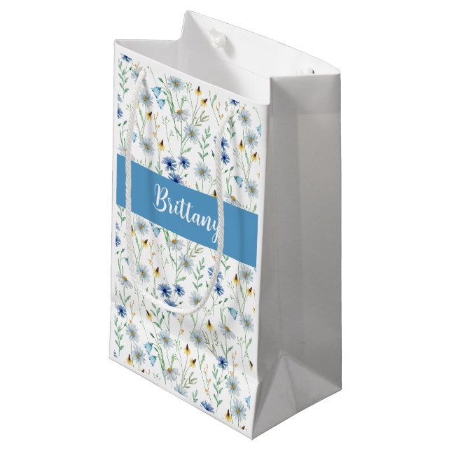 Blue Wildflower Watercolor Monogram Small Gift Bag (Front Angled)