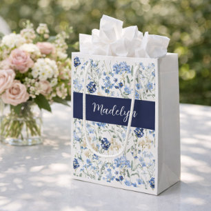 Blue Wildflower Watercolor Monogram Small Gift Bag
