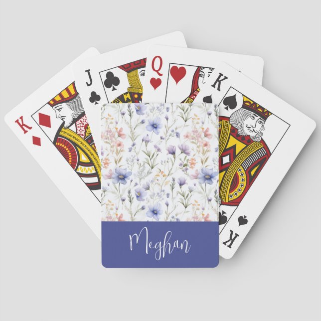 Blue Wildflower Watercolor Name Monogram Playing Cards (Back)