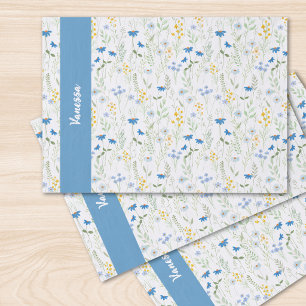 Blue Wildflower Watercolor Name Monogram Tissue Paper