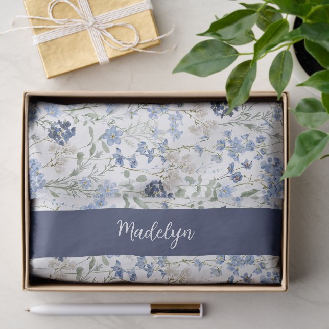 Blue Wildflower Watercolor Name Tissue Paper (Gift)