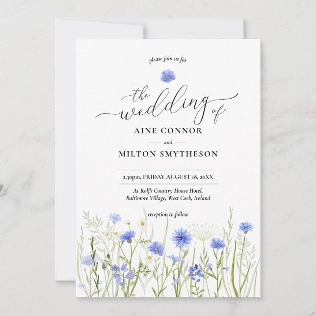 Blue wildflower wedding, graceful font, floral invitation (Front)