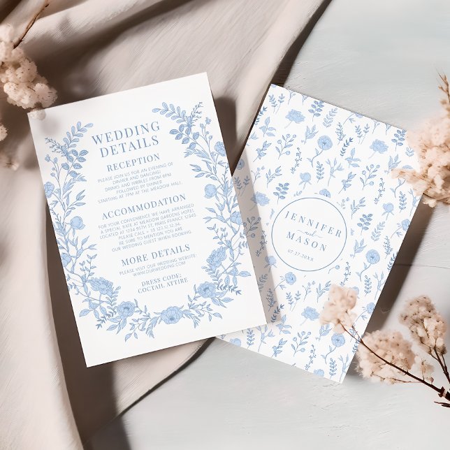 Blue wildflower wreath floral wedding details enclosure card (Creator Uploaded)