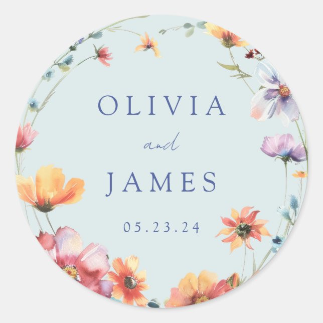 Blue Wildflower Wreath Summer Wedding Classic Round Sticker (Front)