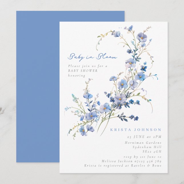 Blue Wildflowers Baby in  Bloom Baby Shower Invitation (Front/Back)