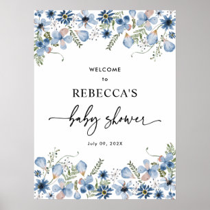 Blue Wildflowers Baby Shower Welcome Sign Posters