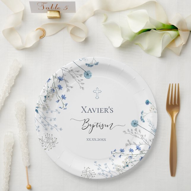 blue wildflowers Baptism Paper Plate (Wedding)
