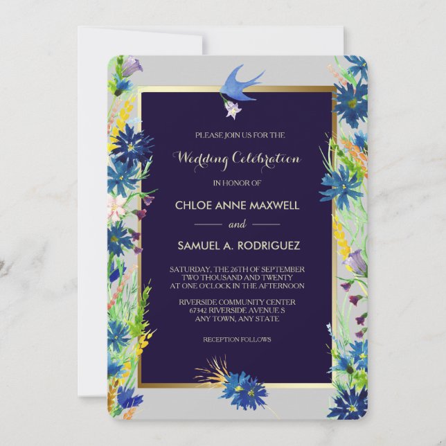 Blue Wildflowers Border Wedding Invitation (Front)