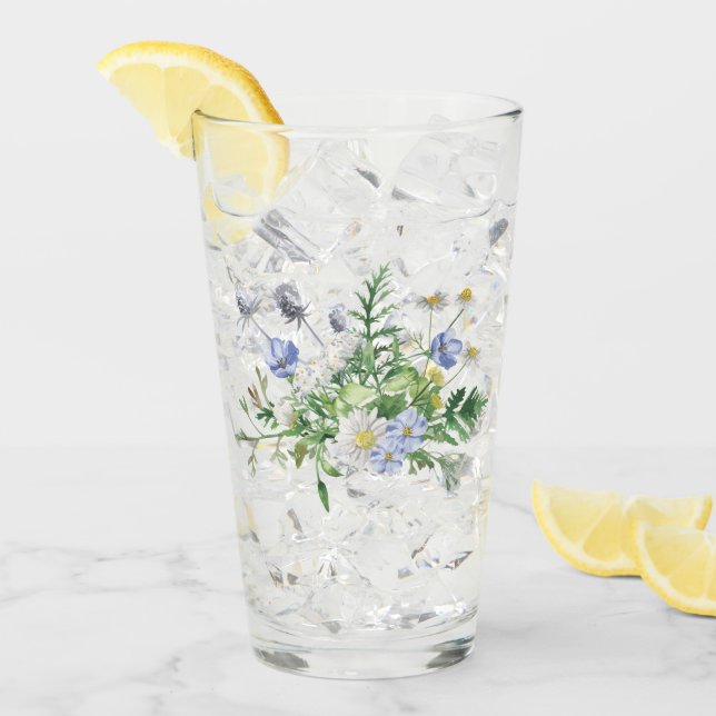 Blue Wildflowers Bouquet Glass Tumbler (Front Ice)
