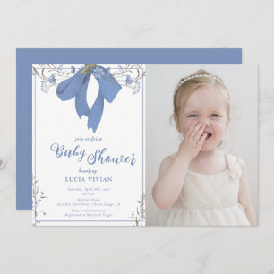Blue Wildflowers Coquette Bow Photo Baby Shower Invitation