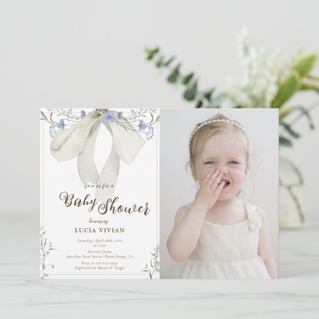 Blue Wildflowers Coquette Bow Photo Baby Shower Invitation (Standing Front)