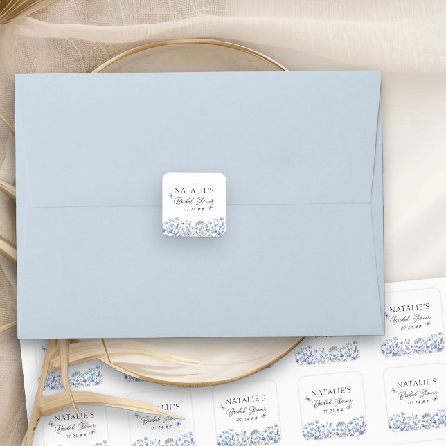 Blue Wildflowers Delicate Floral Shower Square Sticker (Floral stickers from my Blue Wildflower Bridal Shower Collection)