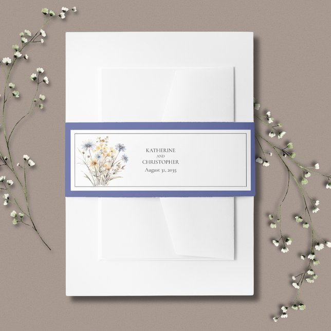 Blue Wildflowers Elegant Formal Wedding Invitation Belly Band (Blue Wildflowers Wedding Invitation Belly Band with blue, yellow and beige flowers.)