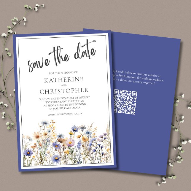 Blue Wildflowers Floral Modern Elegant Wedding Save The Date (Blue Wildflowers Wedding Save The Date card with QR code for wedding website.)