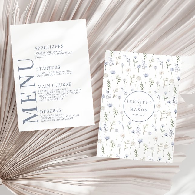 Blue wildflowers floral rustic wedding menu cards (Creator Uploaded)