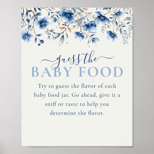 Blue Wildflowers Guess Baby Food Baby Shower Game Poster (Front)