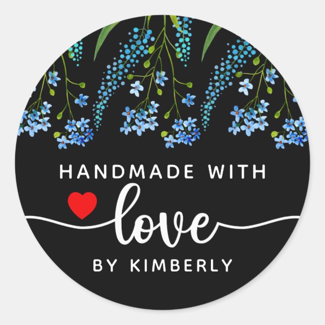 Blue Wildflowers Handmade with Love Black Classic Round Sticker (Front)