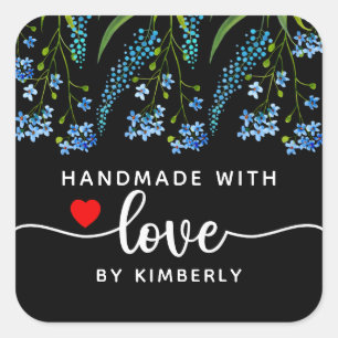 Blue Wildflowers Handmade with Love Black  Square Sticker