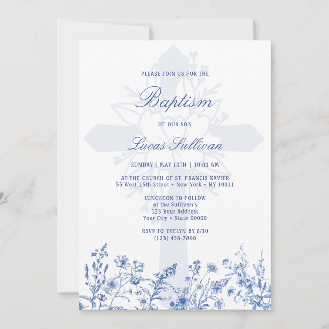 Blue Wildflowers Holy Cross Baptism Invitation (Front)