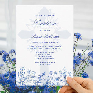 Blue Wildflowers Holy Cross Baptism Invitation