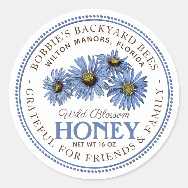 Blue Wildflowers Honey Sticker White (Front)