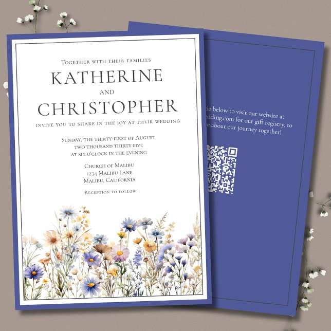 Blue Wildflowers Modern Elegant Formal Wedding Invitation (Blue Wildflowers Elegant Formal Wedding Invitation with QR Code.)