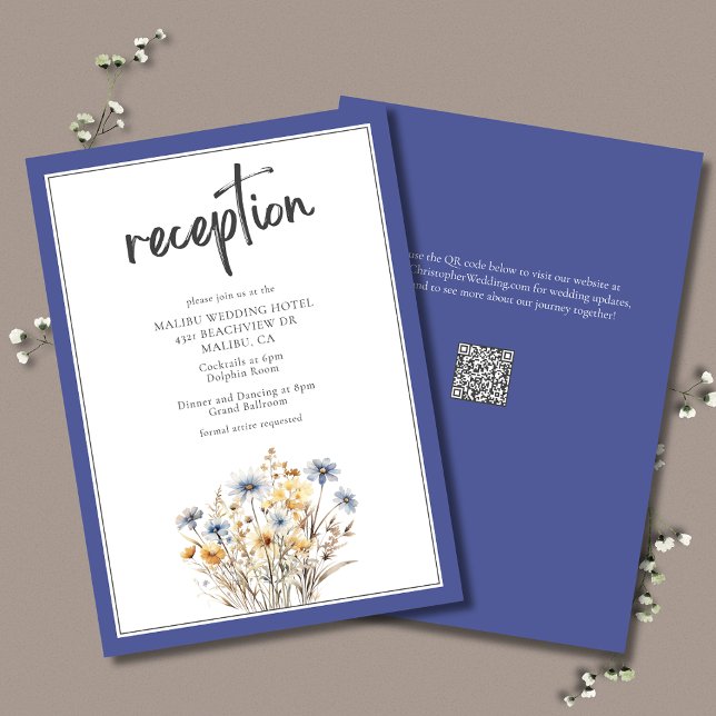 Blue Wildflowers Modern Elegant Wedding Reception Enclosure Card (Blue Wildflowers Elegant Wedding Reception Enclosure Card, formal design with watercolor wildflowers)
