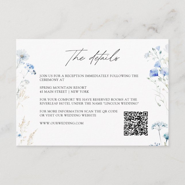 Blue Wildflowers Monogram Wedding Details QR Code Enclosure Card (Front)