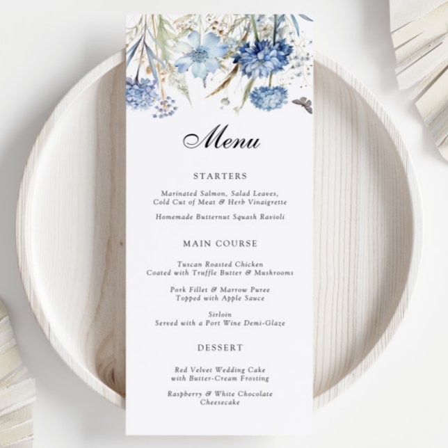 Blue Wildflowers Watercolor Floral Wedding Menu (Creator Uploaded)