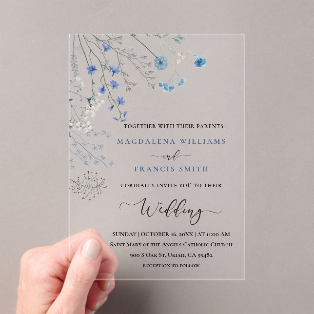 blue wildflowers wedding acrylic invitations (Insitu (Handheld))