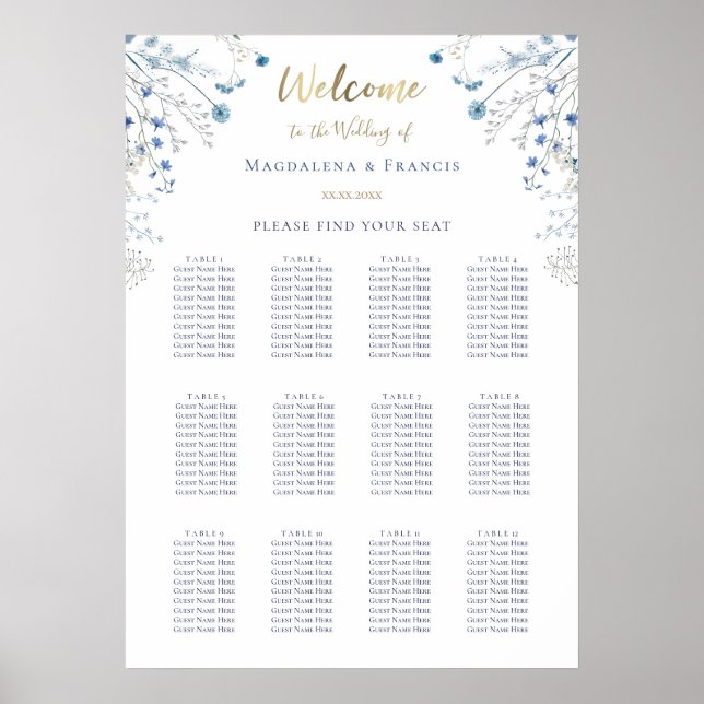blue wildflowers wedding seating chart (Front)
