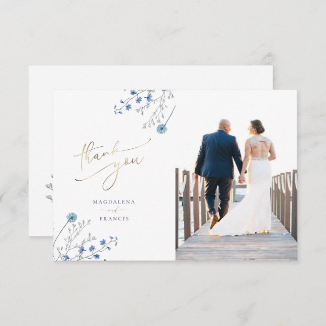 blue wildflowers wedding thank you card (Front/Back)