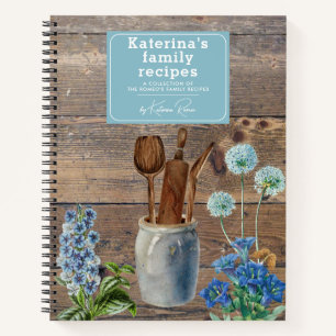 Blue Wildflowers Wood Kitchen Utensils Recipe Notebook